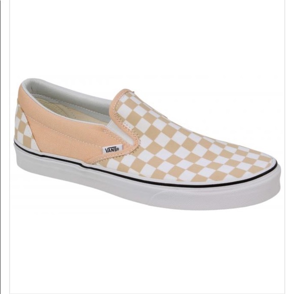 peach checkered slip on vans